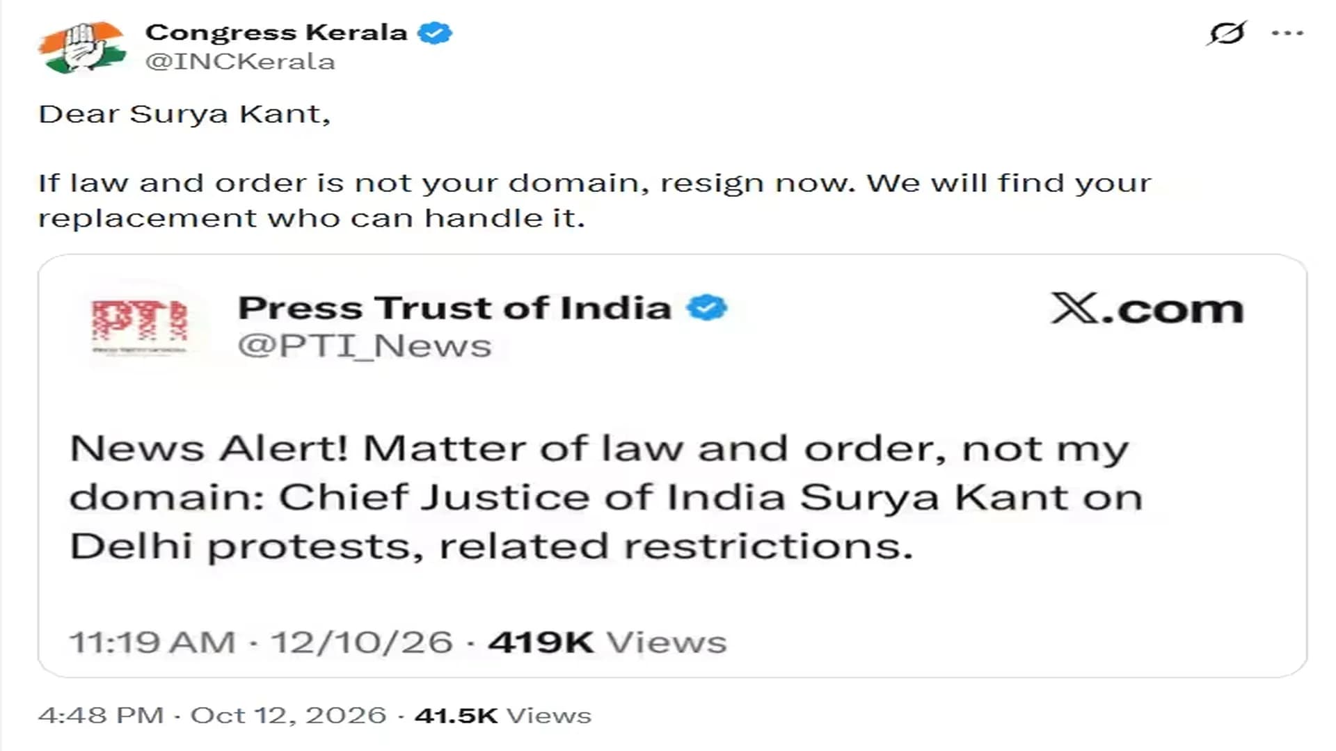 Kerala Congress Deletes Post Calling for CJI Surya Kant's Resignation, BJP Criticises Party