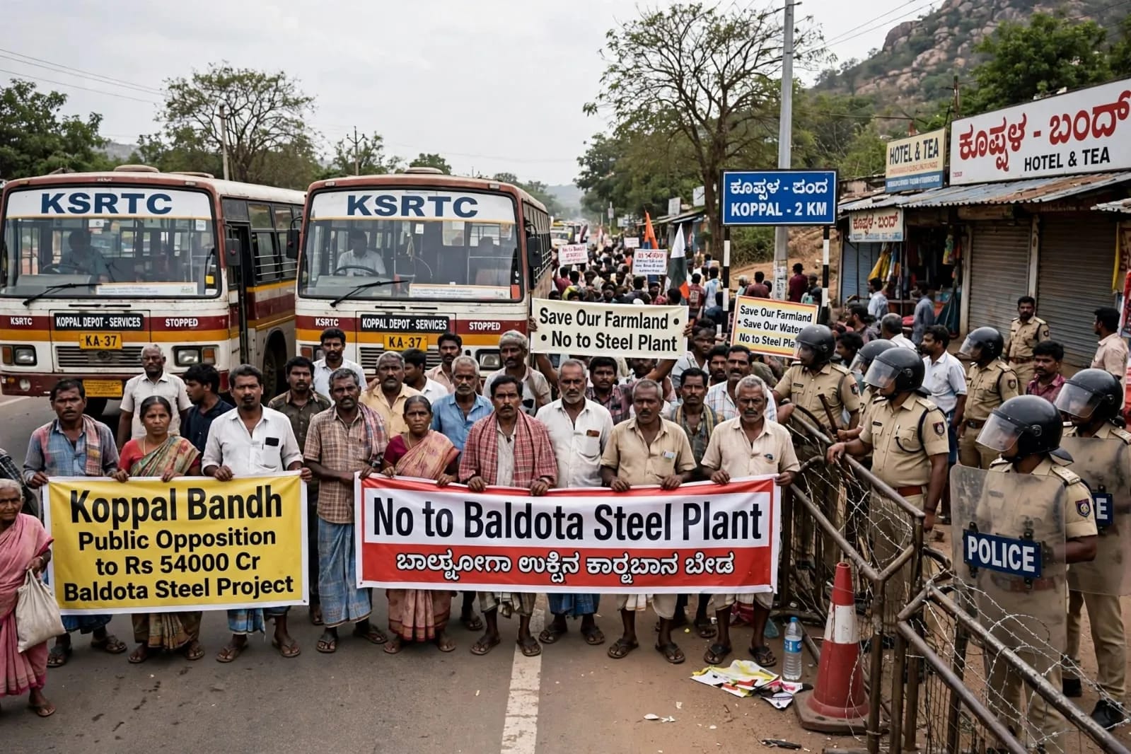 Koppal Bandh: ₹54,000-Crore Baldota Steel Project Faces Public Opposition; Police Tighten Security as KSRTC Services Disrupted