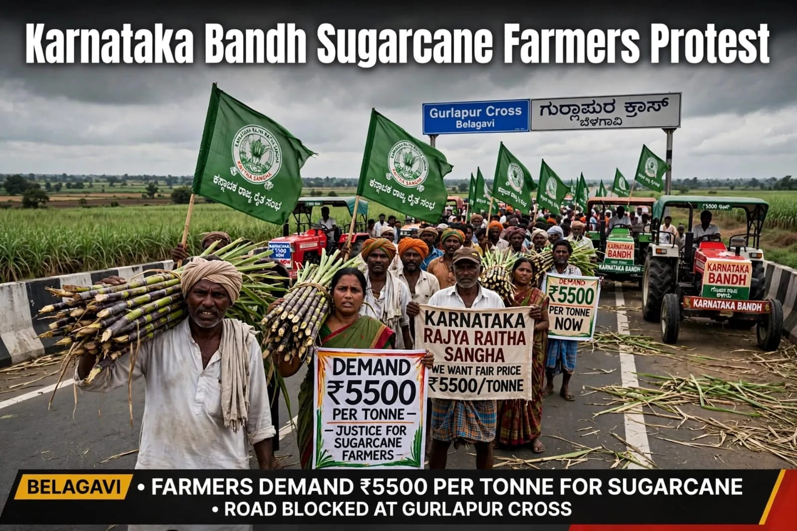 Karnataka Bandh Today: Sugarcane Farmers Intensify Protest Over Price Dispute; Demand ₹5,500 Per Tonne