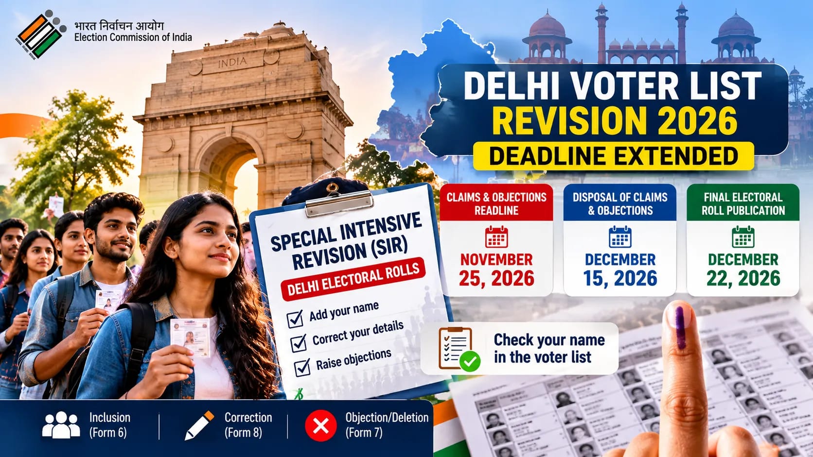Delhi Voter List Revision 2026: Election Commission Extends Claims Deadline to November 25, Final Electoral Roll on December 22 Delhi Voter List Revision 2026: Election Commission Extends Claims Deadline to November 25, Final Electoral Roll on December 22