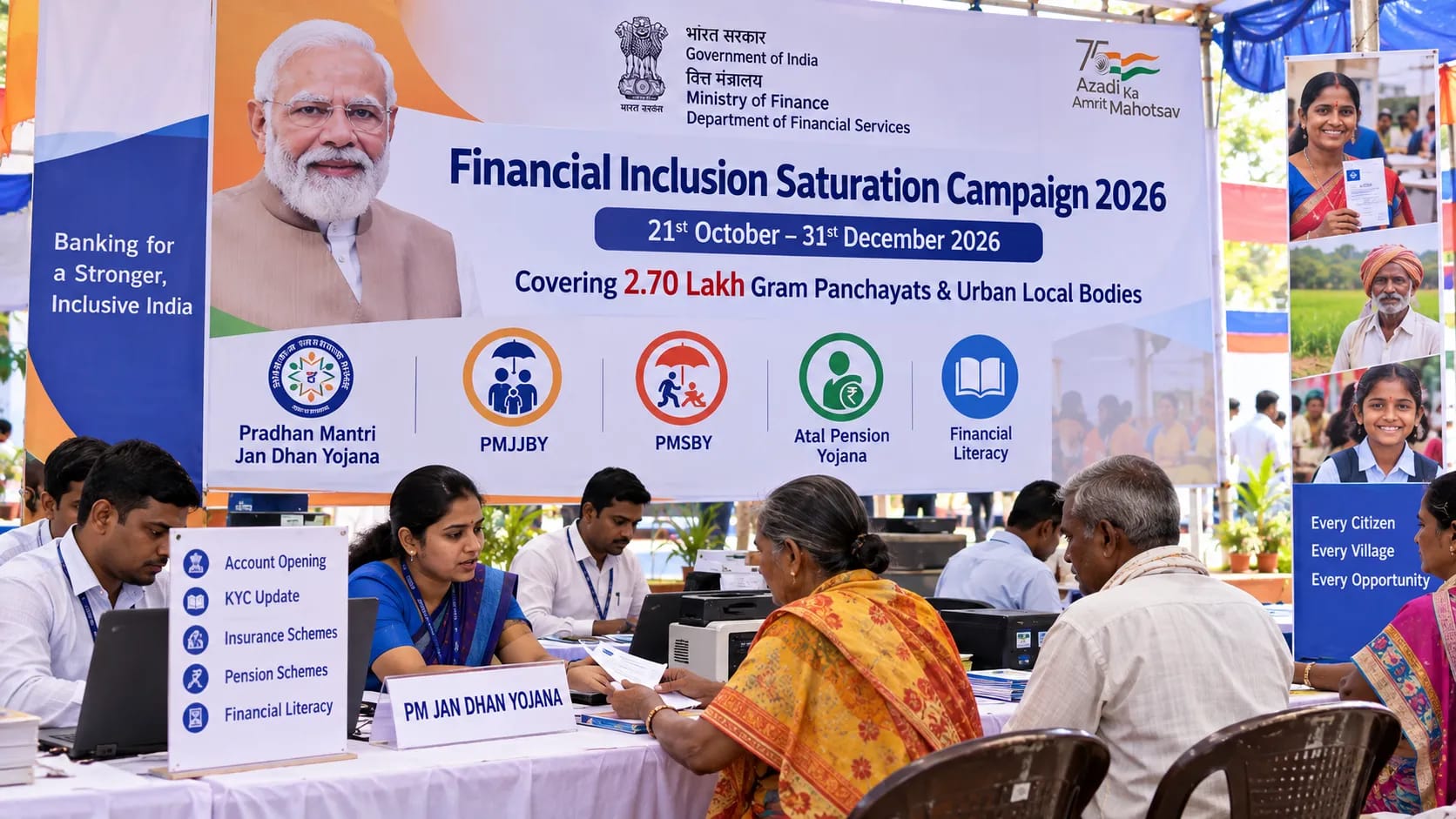 Financial Inclusion Saturation Campaign 2026: Nationwide Banking Drive to Cover 2.70 Lakh Panchayats, Boost Insurance and Pension Access Financial Inclusion Saturation Campaign 2026: Nationwide Banking Drive to Cover 2.70 Lakh Panchayats, Boost Insurance and Pension Access
